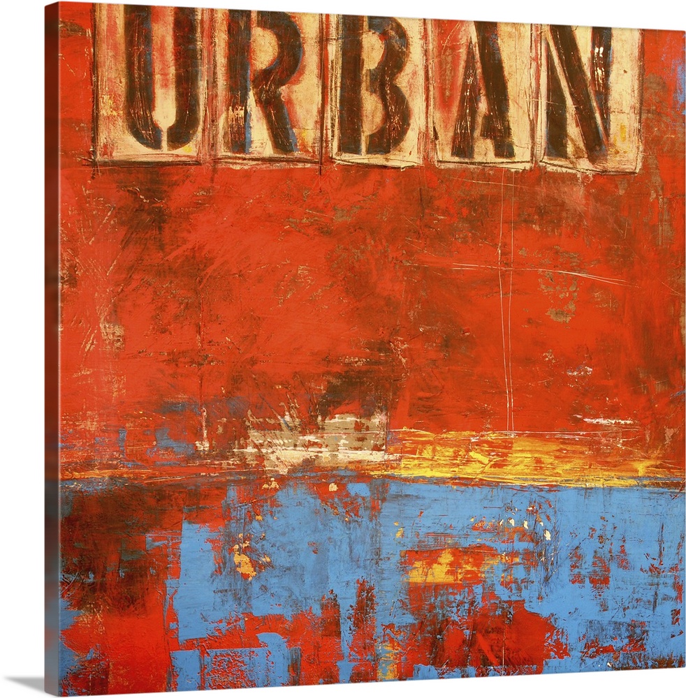 Contemporary abstract painting of a weathered grungy dark orange and blue tones with the word "Urban" stenciled at the top.