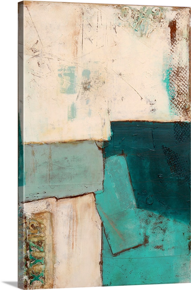 Contemporary abstract painting of a color-field of weathered cream and teal colors.