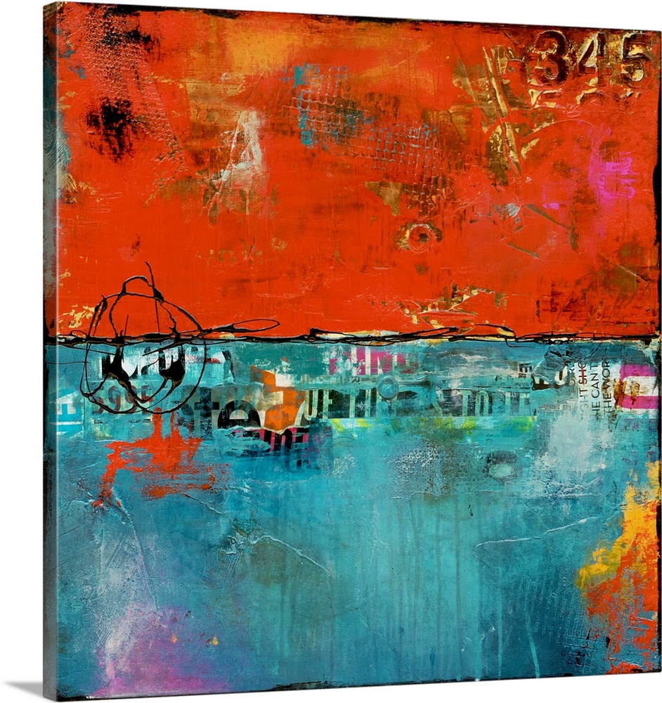 A contemporary abstract painting using warm and cool tones, with partially stenciled letters.