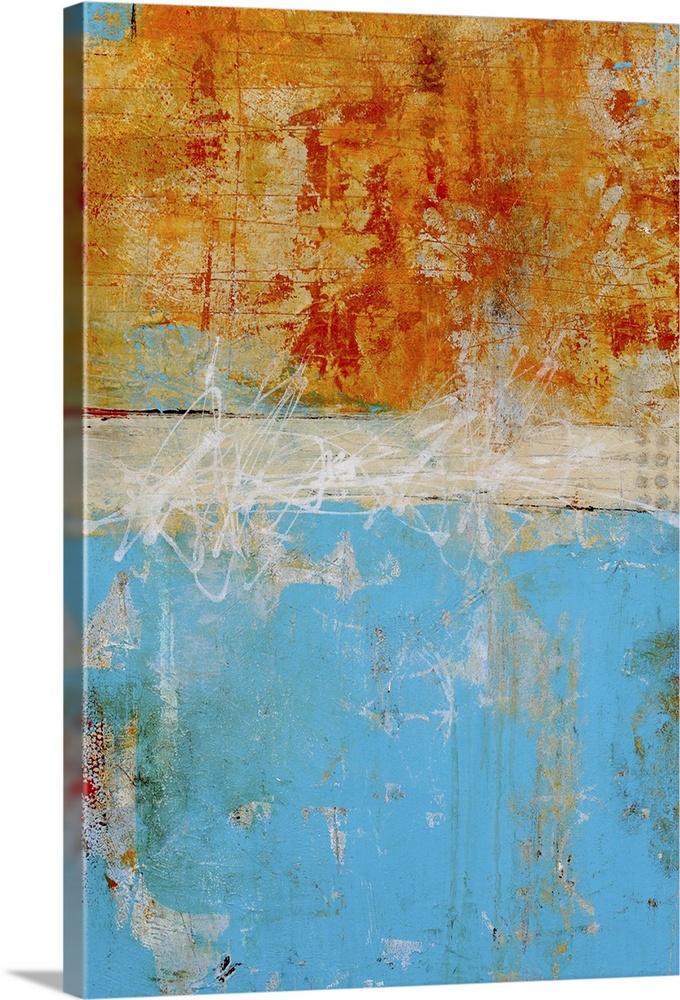 A heavily textured abstract painting of three different painting styles and colors stacked on top of each other.