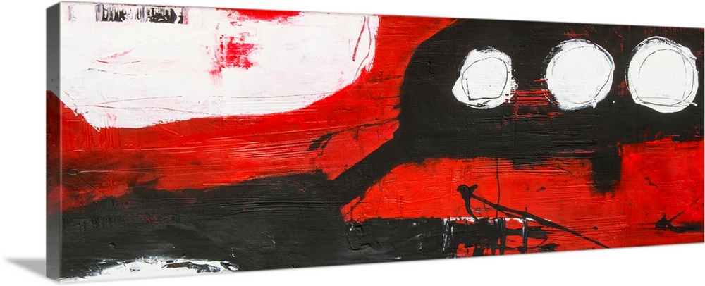 A large abstract with bright red, white and black hues in textured paint. Black paint is dividing across the red, with 3 w...