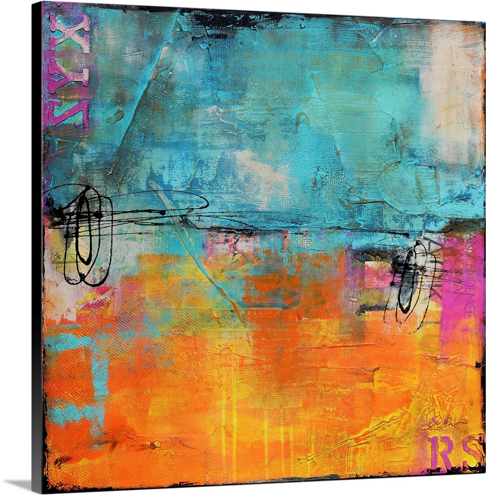Giant abstract art almost evenly broken into two horizontal rectangles composed of two cool tones on the top and a warm to...