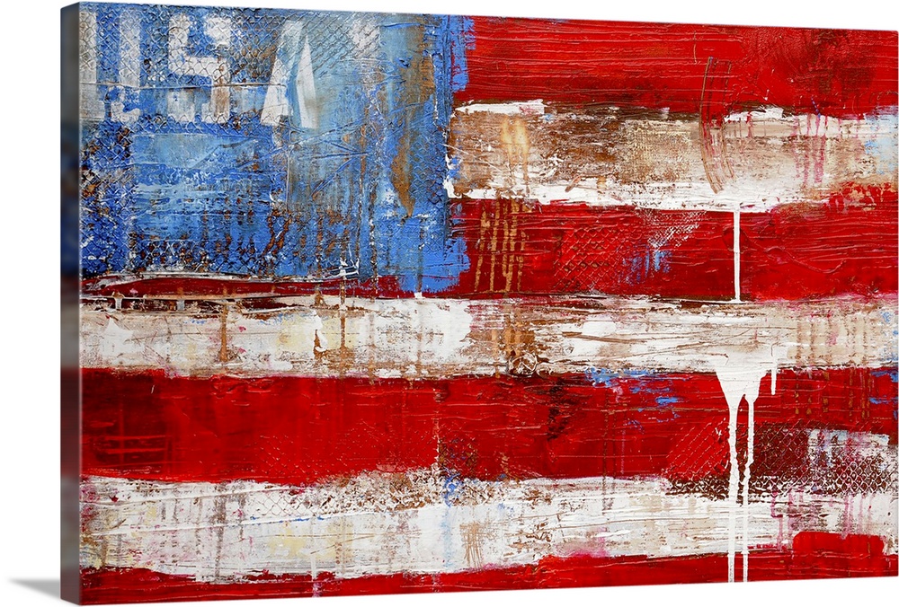 A patriotic wall hanging, this is a Giclee print of a painting that is a simplified American flag created with heavy textu...