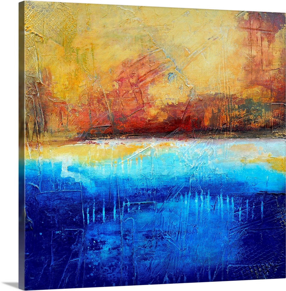 Decorative home accent of a square abstract painting by a contemporary artist. The use of color and textures in this paint...