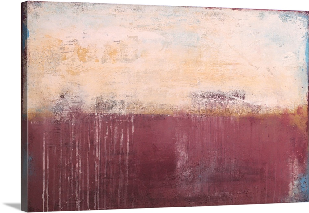 Contemporary abstract painting using pale red and cream meeting each other in the center in the image.