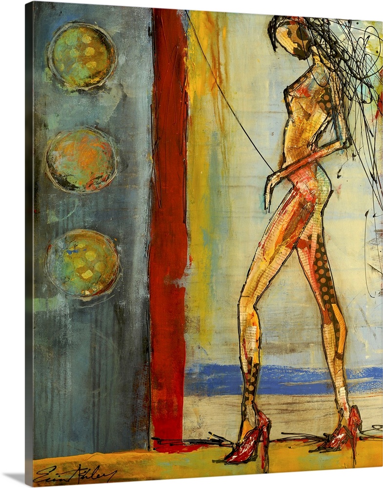 Contemporary artwork of a tall slender woman in heels with different styles of art used to create her body and hair.