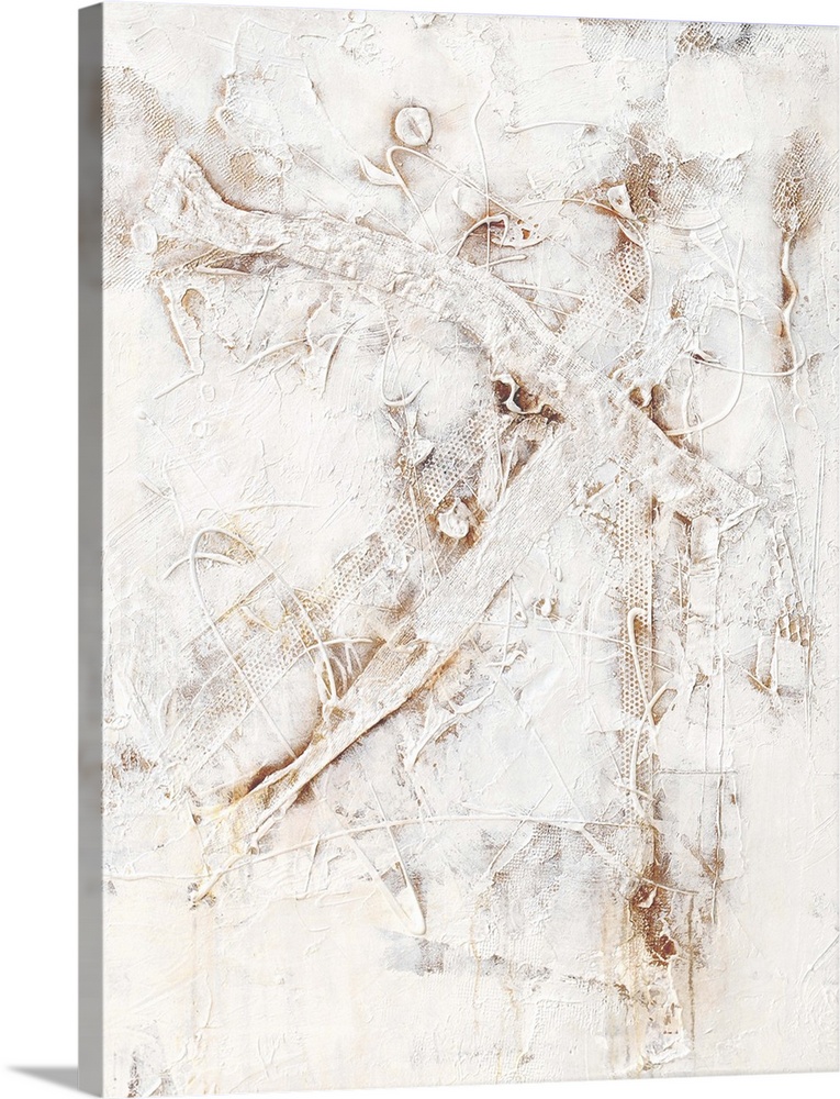 Contemporary abstract painting of thin lines of white paint thrown, dribbled, and flung onto a canvas.