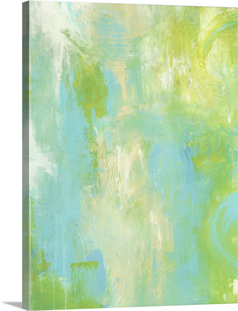 A contemporary abstract painting using tones of light green and blue.