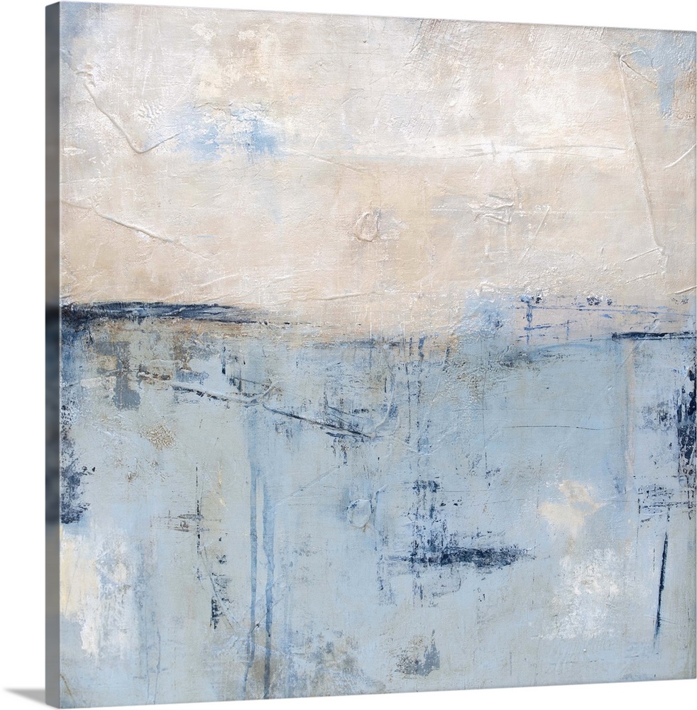 Contemporary abstract painting in pale blue and white.