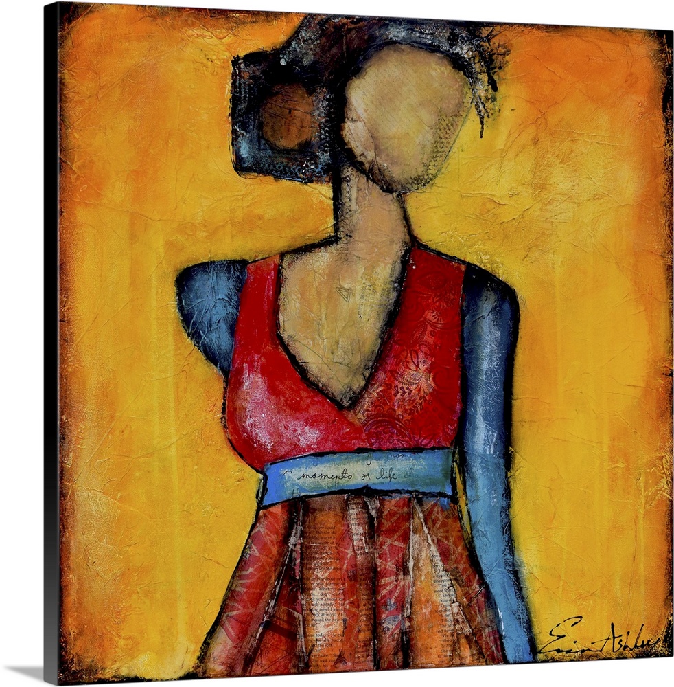 Contemporary abstract painting of a female figure with a missing face.