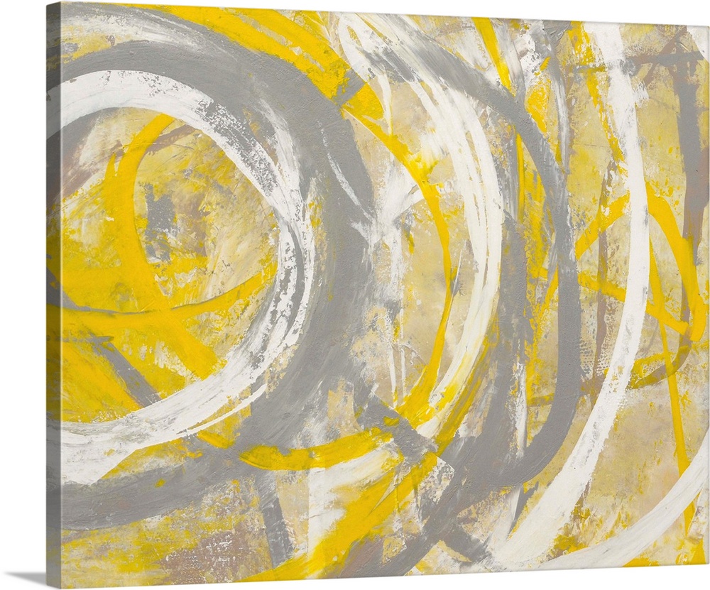 Contemporary abstract painting using bright yellow and gray.