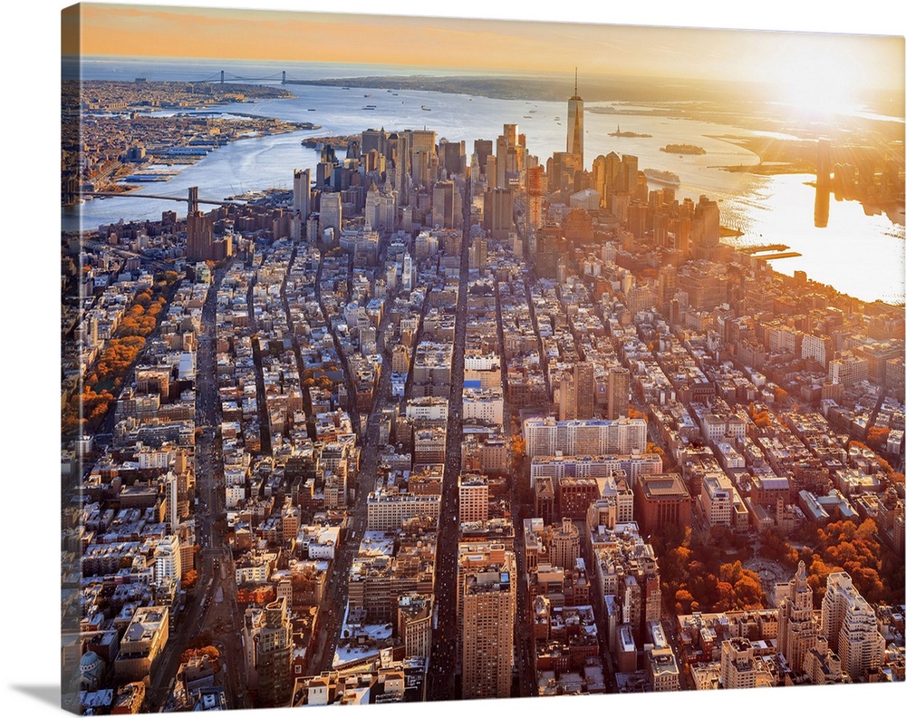 USA, New York City, Hudson, Manhattan, Lower Manhattan, Aerial view towards Lower Manhattan with One World Trade Center, M...