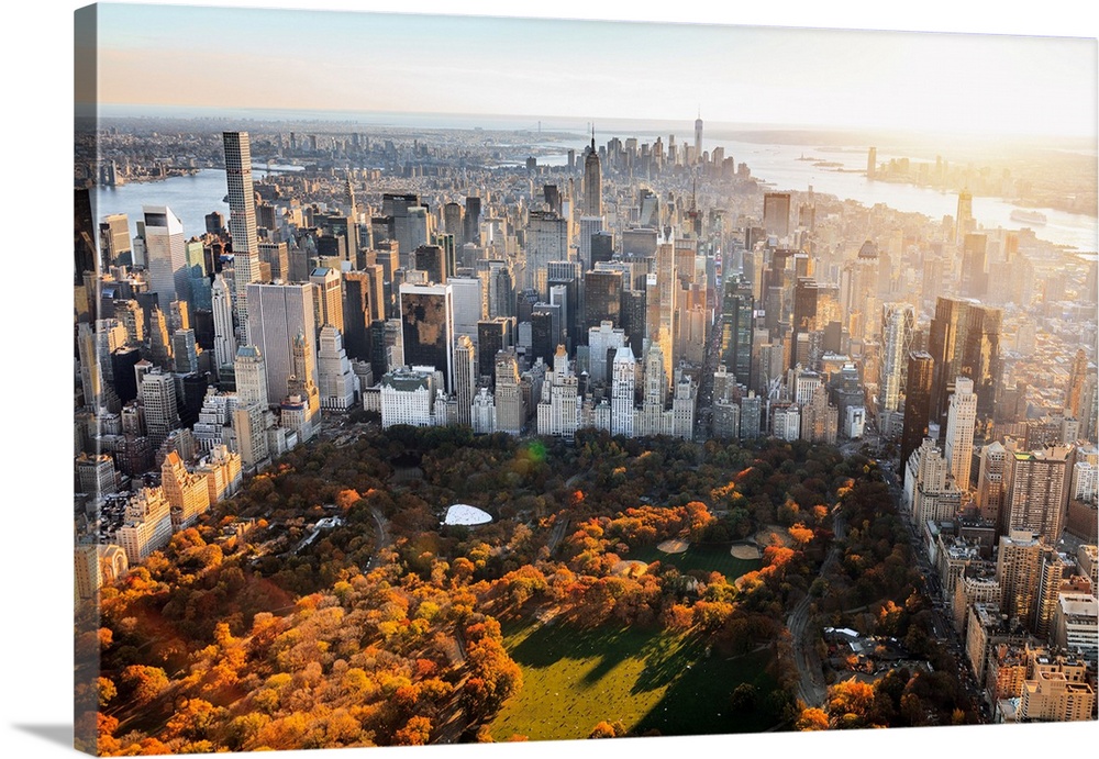 USA, New York City, Manhattan, Aerial view towards Central Park with foliage, Empire State Building and One World Trade Ce...