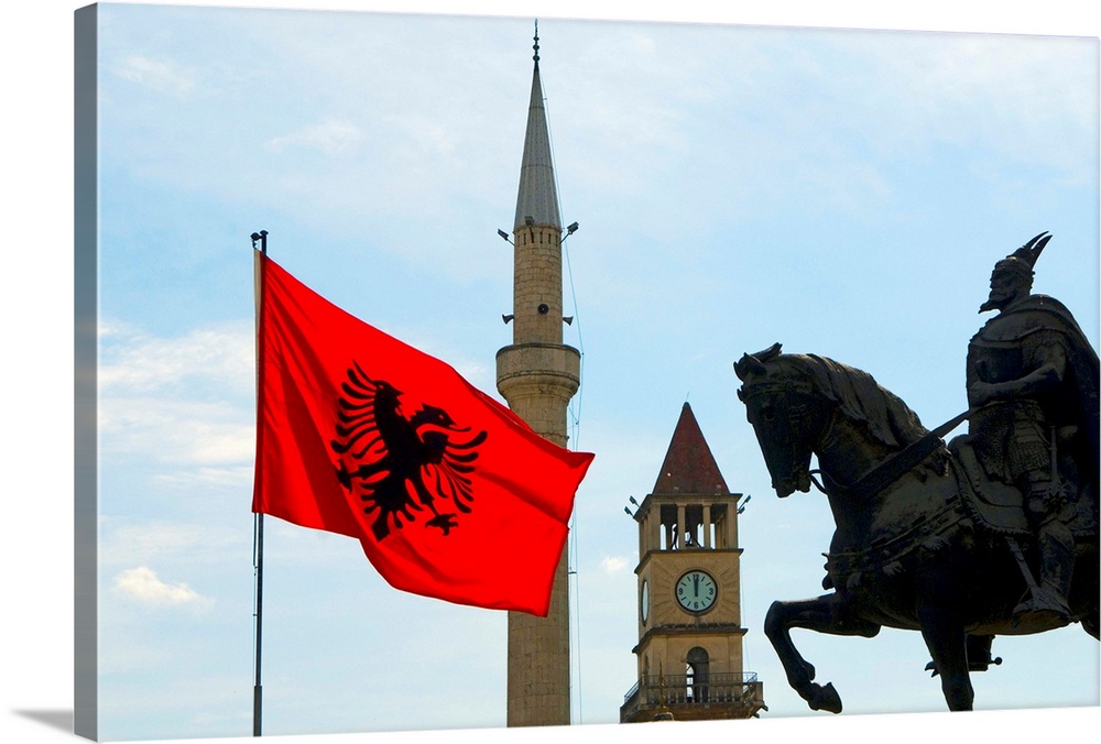 Albania, Tirana, Scanderbeg statue in Scanderbeg square with Albanian flag