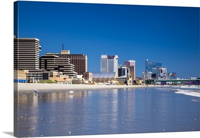 Atlantic City, New Jersey, view of boardwalk hotels from beach