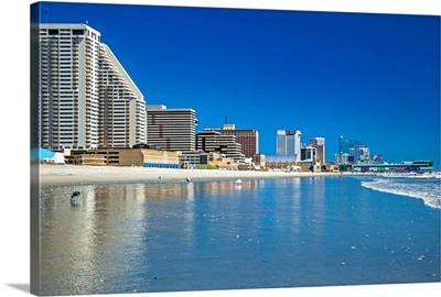 Atlantic City, New Jersey, view of boardwalk hotels from beach