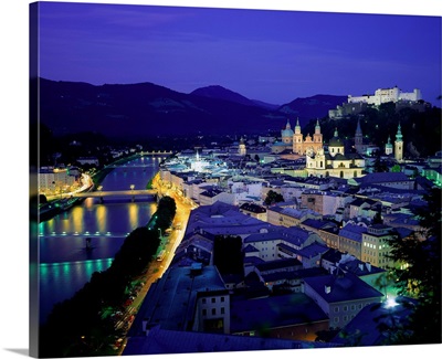 Austria, Salzburg, Night view on Salzach river and old town