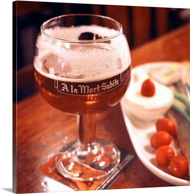 Belgium, Brussels, A la Mort Subite cafe, glass of beer