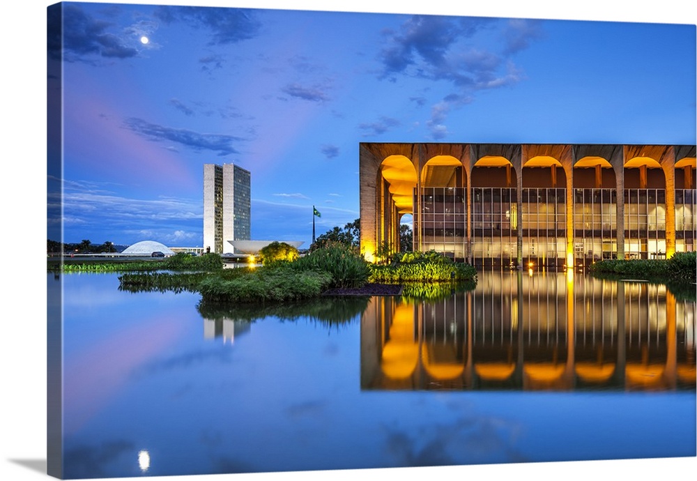 Brazil, Distrito Federal, Brasilia, National Congress building and Itamaraty Palace, Ministry of External Relations at dusk.