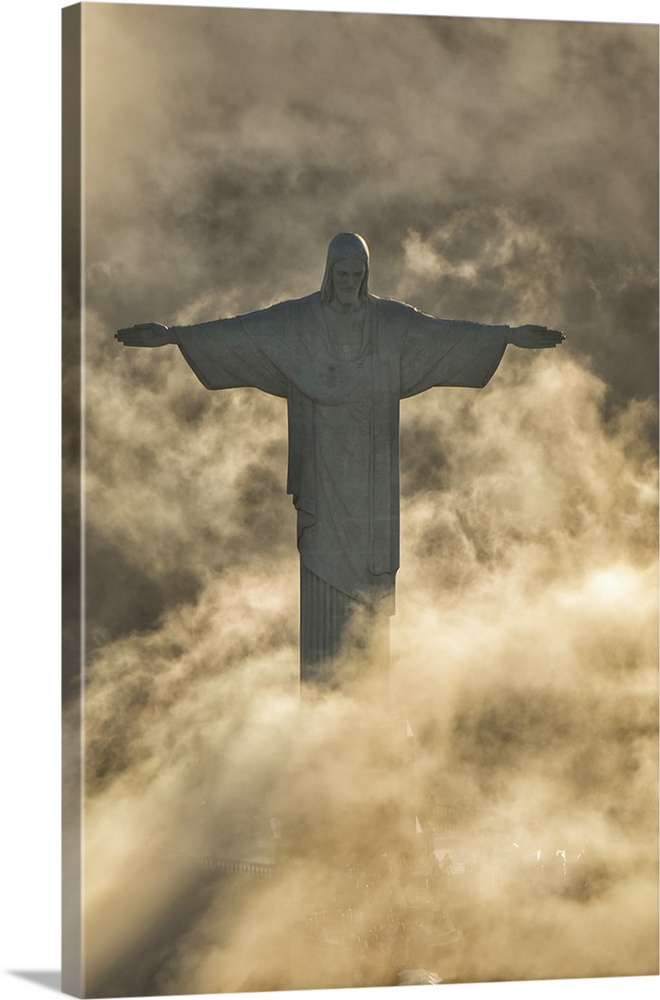 Brazil, Rio de Janeiro, Corcovado, Christ the Redeemer, Aerial view of Christ the Redeemer statue at sunset.