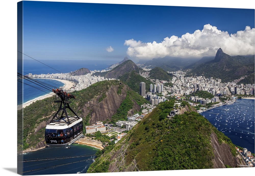 Brazil, Rio de Janeiro, Teleferico, view towards Guanabara Bay, Praia Vermelha, Copacabana Beach, Botafogo, Flamengo Beach...