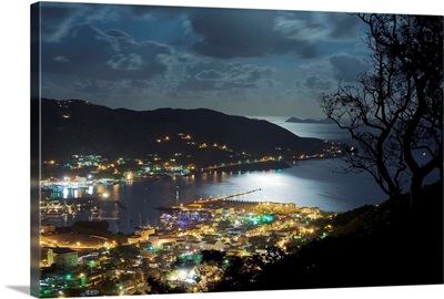 BVI, Tortola, Caribbean, View of Road Town during a full moon night