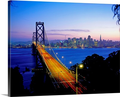 California, San Francisco, Bay Bridge and skyline at night