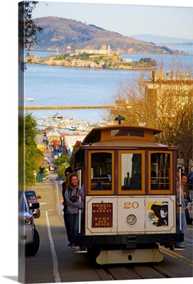 California, San Francisco, Cable car, Alcatraz in the background