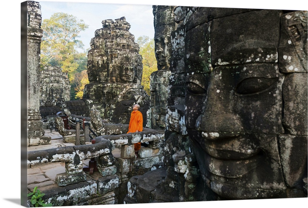 Cambodia, Siemreab, Angkor, Monk at the Bayan temple.