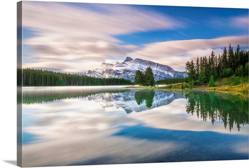 Canada, Alberta, Banff National Park, Two Jack Lake and Mount Rundle ...