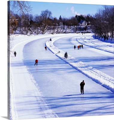 Canada, Quebec, Lanaudiere, Joliette, skating on the Assomption river