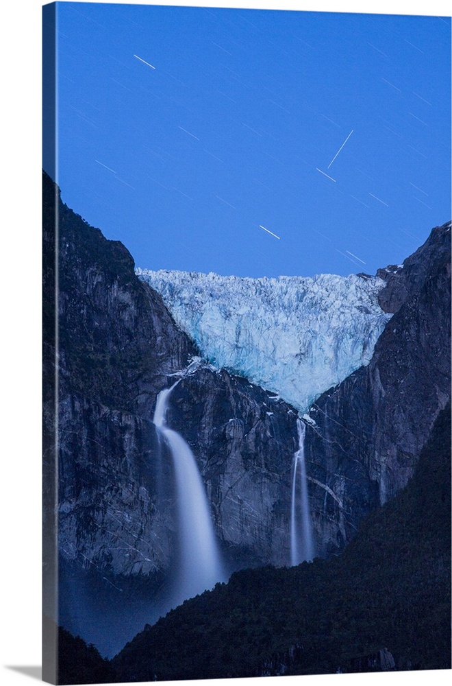 Chile, Aisen, Puyuhuapi, Patagonia, Andes, Carretera Austral, Glacier and waterfalls at night, Queulat National Park.