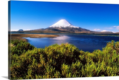 Chile, Tarapaca, Lauca National Park, Chungara lake and Parinacota Volcanoes