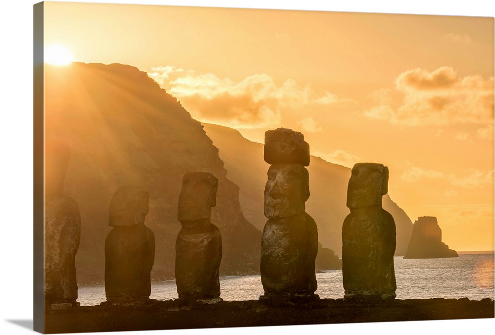 Chile, Valparaiso, Easter Island, Ahu Tongariki Moai at sunrise.