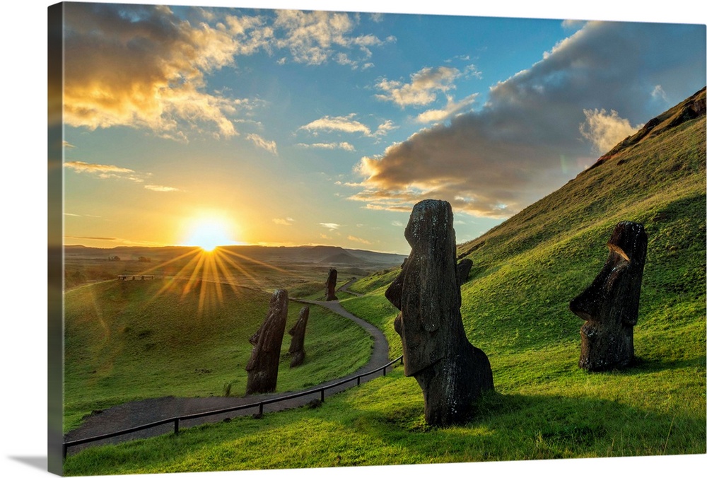 Chile, Valparaiso, Easter Island, Moai at Rano Raraku Volcano at sunset.