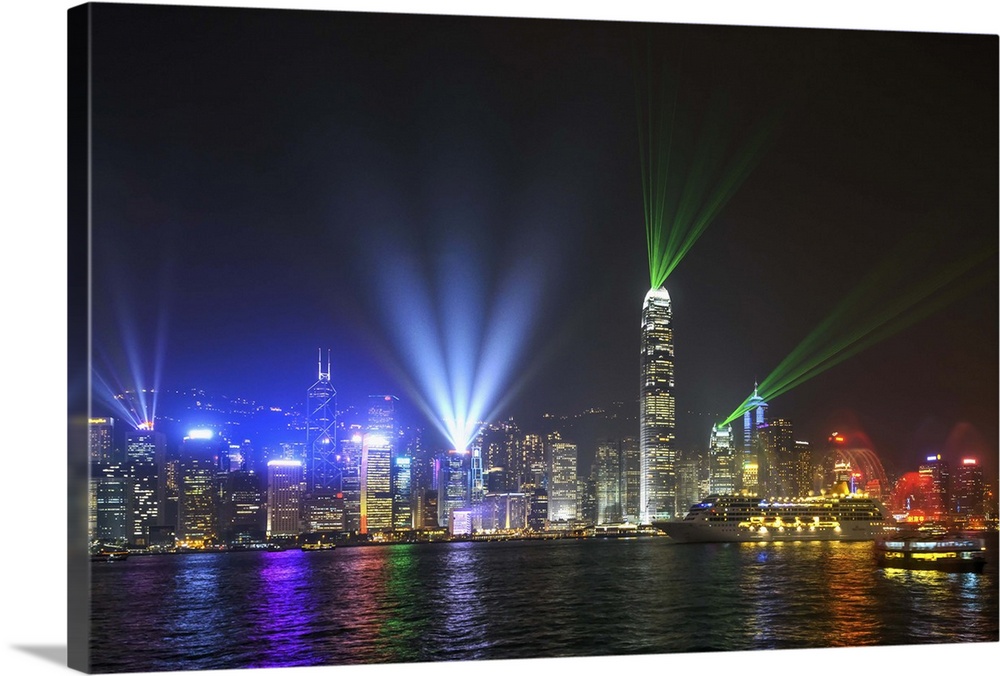 China, Hong Kong, Hong Kong island, Skyline of the Central during the Symphony of Lights light and music show.