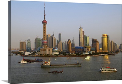 China, Shanghai Shi, The Huangpu River and many of the new towers of Pudong