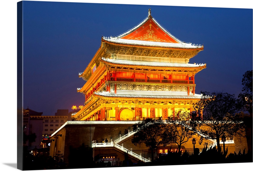 China, Shanxi, Sian, Drum tower lit up at night in the centre of Xian.