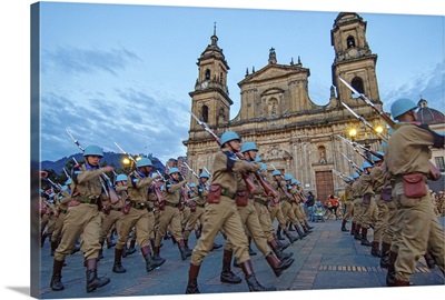 Colombia, Bogota, UN soldiers marching at Bolivar square