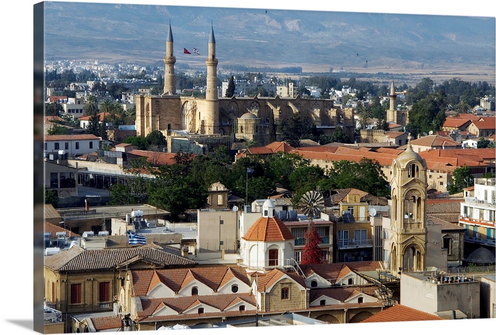 Cyprus, Nicosia, The Faneromeni church and the Selimiye Mosque from Shacolas tower
