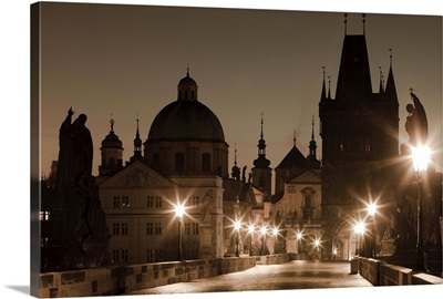 Czech Republic, Central Bohemia Region, Prague, Charles Bridge, Street lights at dawn