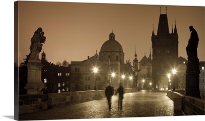 Czech Republic, Central Bohemia Region, Prague, Charles Bridge, Street lights at dawn