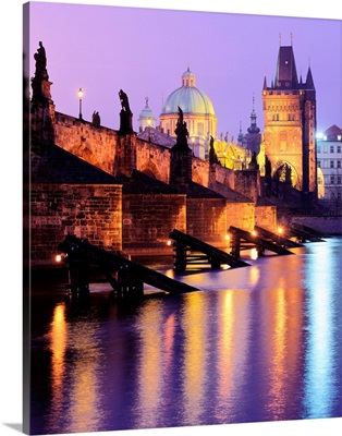Czech. Republic, Prague, Charles Bridge and Moldana River, Vltava, night