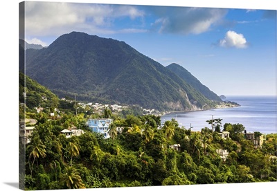 Dominica, Sibouli, View of Pointe Guignard with Soufriere Bay and mountains