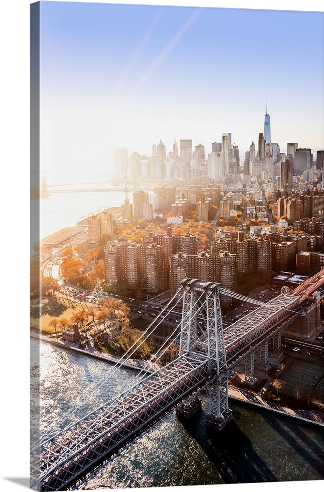 USA, New York City, East River, Manhattan, Lower Manhattan, Aerial view towards Williamsburg bridge, Lower Manhattan with ...