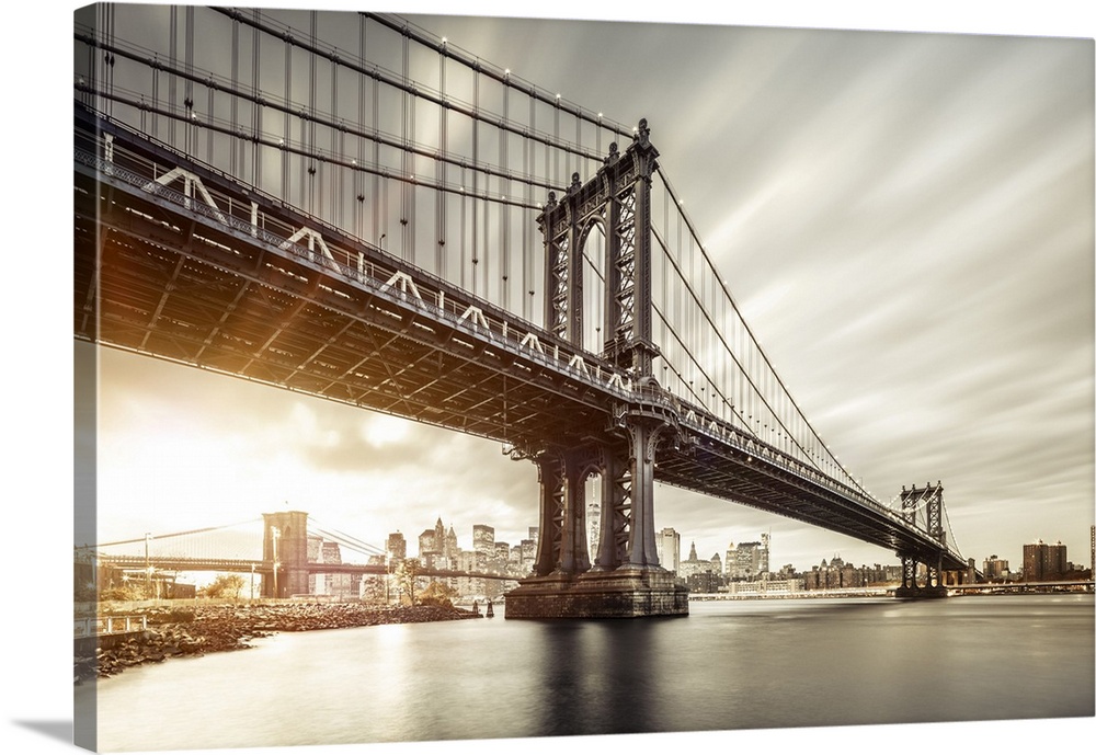 USA, New York City, East River, Manhattan, Lower Manhattan, Manhattan Bridge, Brooklyn Bridge and Freedom Tower in backgro...