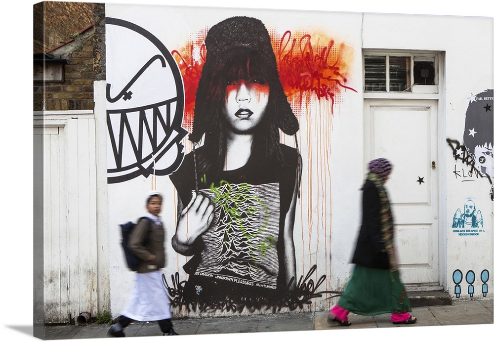 England, London Borough of Tower Hamlets, Brick Lane, Urban graffiti with  pedestrians Wall Art, Canvas Prints, Framed Prints, Wall Peels