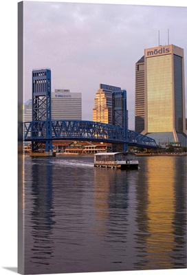 Florida, Jacksonville, Downtown reflecting on the St. Johns River and Main Street Bridge