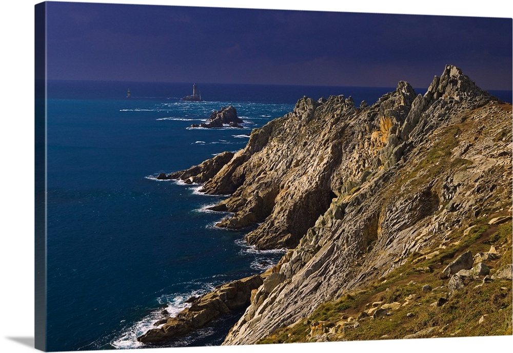 A storm approaching the cliffs at Pointe du Raz, with the famous lighthouse out in the Atlantic ocean...