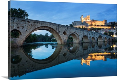 France, Canal Du Midi, Cathedral Of Saint-Nazaire, The Old Bridge, The Orb River, Dusk